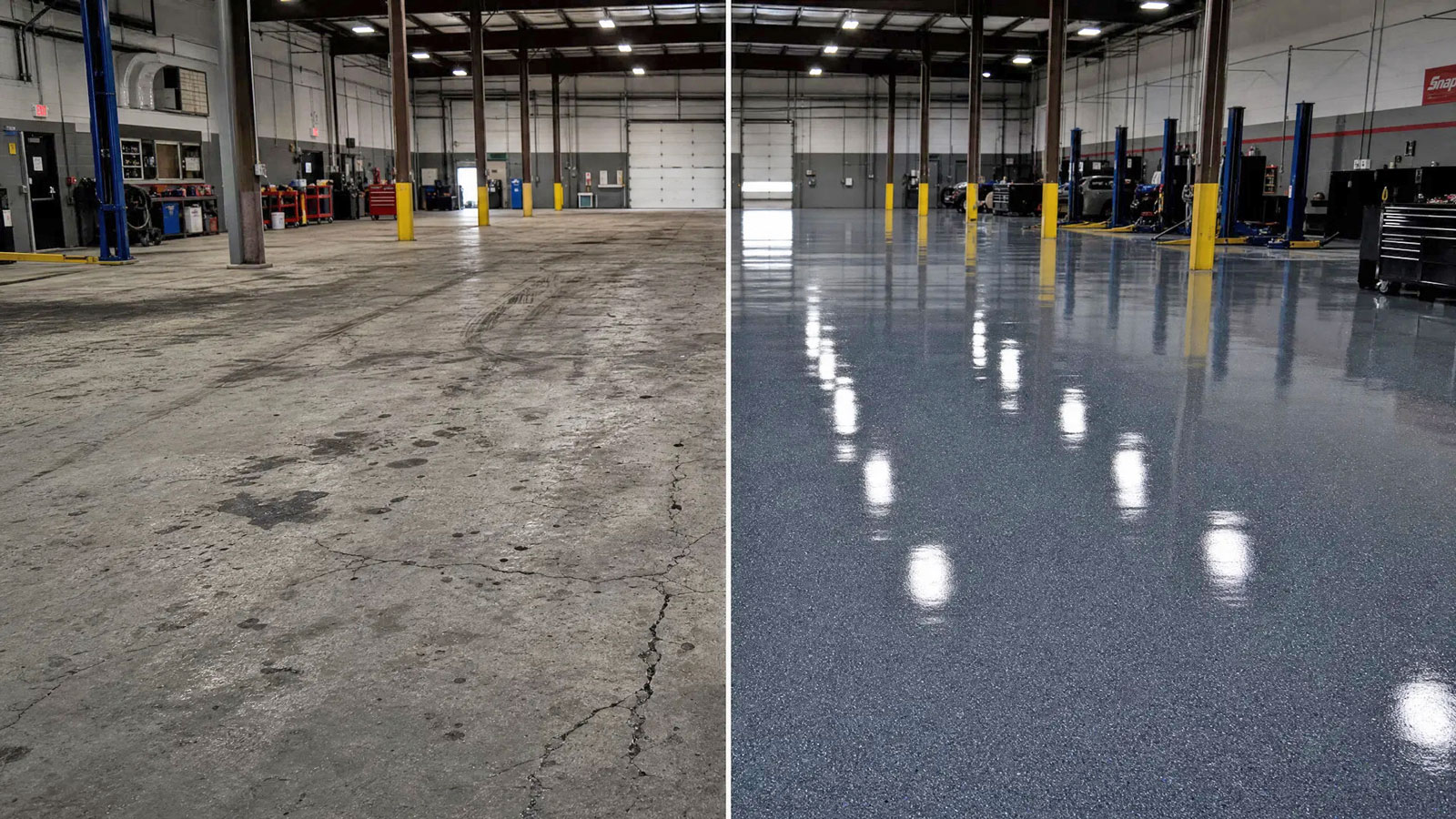 Commercial floor coating before and after — auto shop in Richland WA